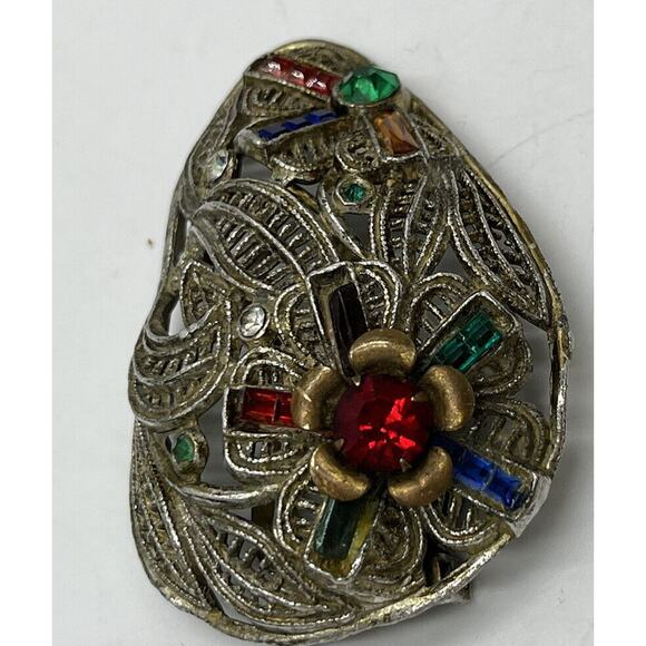 Antique 1930’s Multi-Color Glass Rhinestone Large Tear Drop Fur Dress Clip - Picture 3 of 8